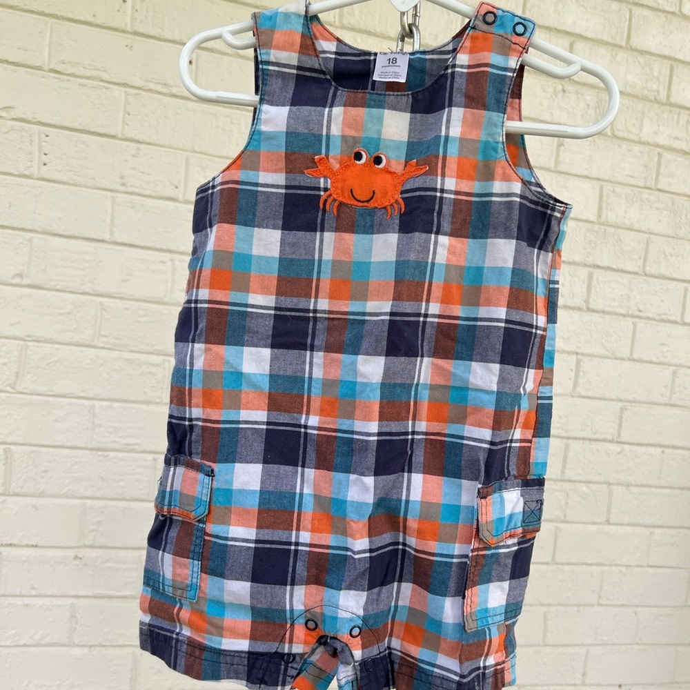 Plaid Jon Jon/Shortalls with crab appliqué